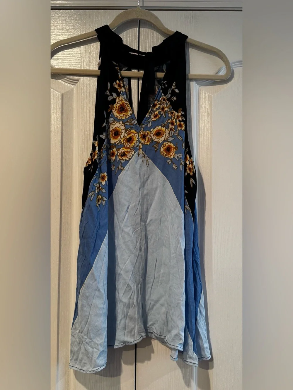 Free People Blue and Yellow Floral Halter Blouse with Keyhole Detail- Size M
